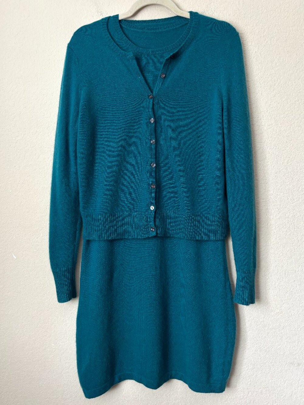 Two-Piece 100% Cashmere Teal Long Sleeve Dress and Cardigan Set Luxurious